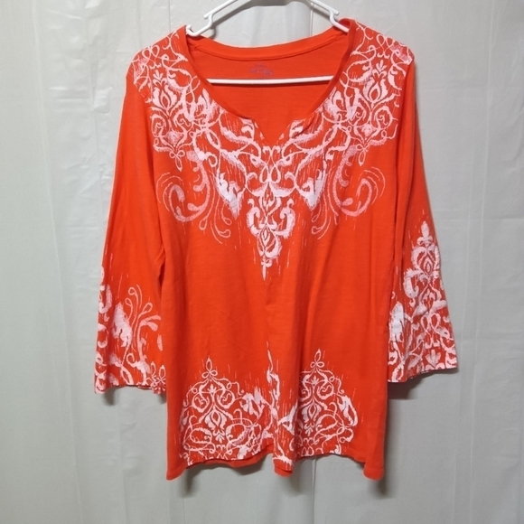 Kate Park Tops - 𝅺kate Park Printed Top Orange Coral Split Neckline 3/4 Sleeve Relaxed Fit